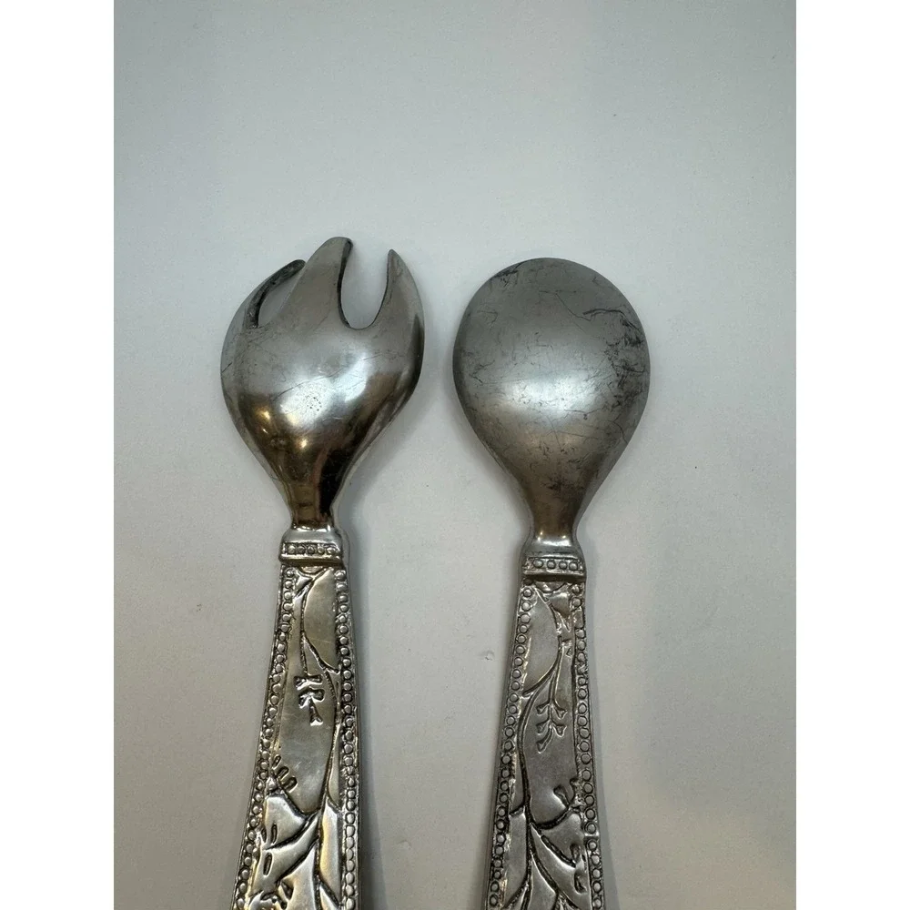 Pewter‎ Metal Floral Salad Server Set, Spoon Fork, Matte Silver Finish, 10 Inch